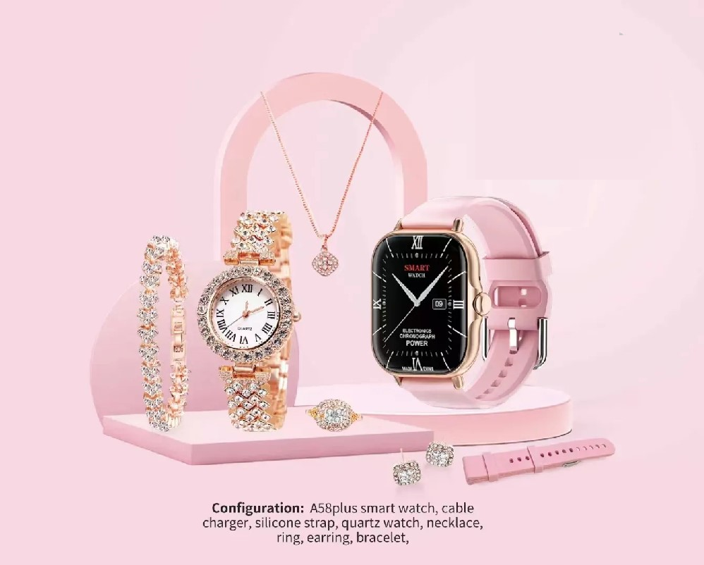 Valentines Day 6-in-1 Gift Set Artificial Gold Diamond Watch, Neckless, Earing N More - Univercell