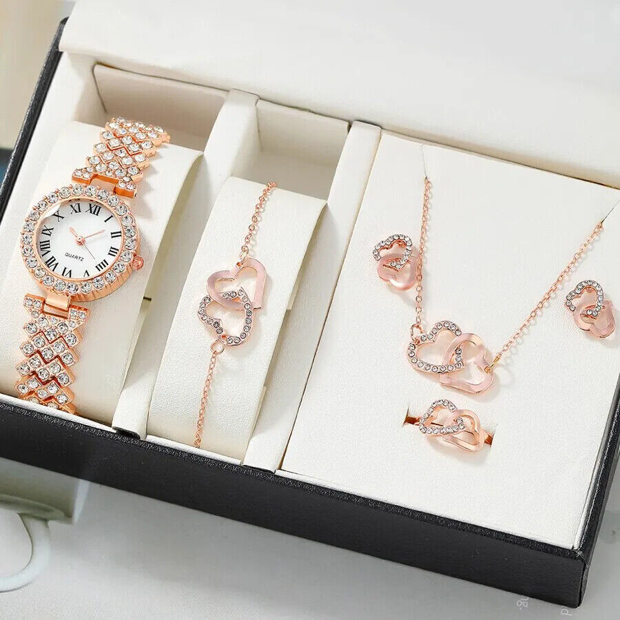 Artificial Gold Diamond 5-pc Women's Gift Set : Necklace, Bracelet, Watch, Earrings & Ring - Univercell