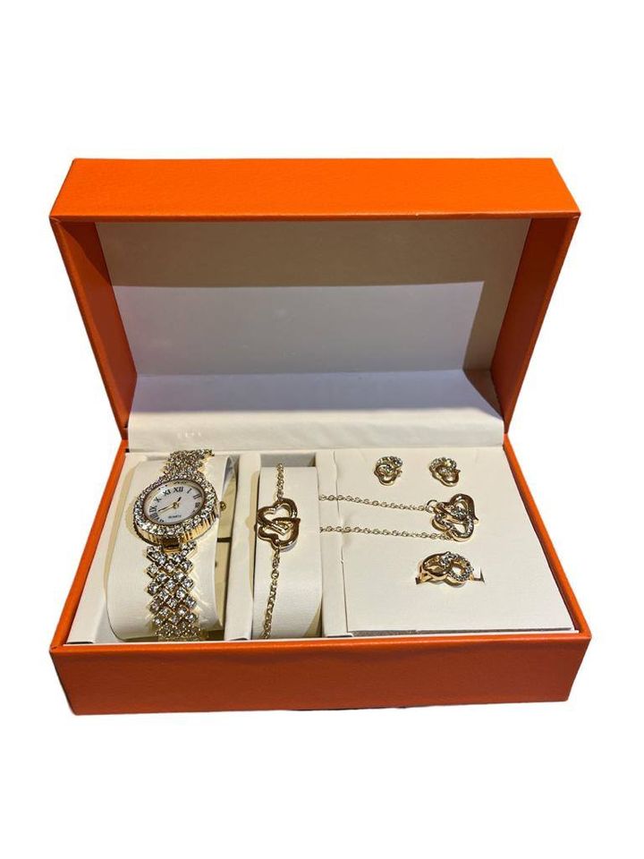 Artificial Gold Diamond 5-pc Women's Gift Set : Necklace, Bracelet, Watch, Earrings & Ring - Univercell