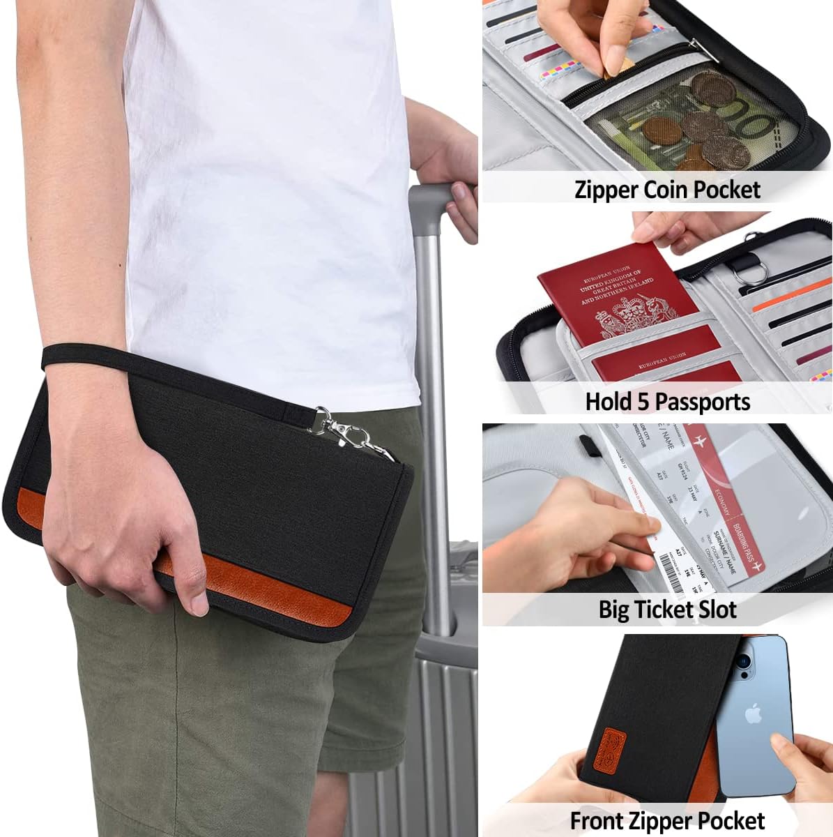 Passport RFID Wallet Documents Organizer Zipper Case With Wristlet Strap - Univercell