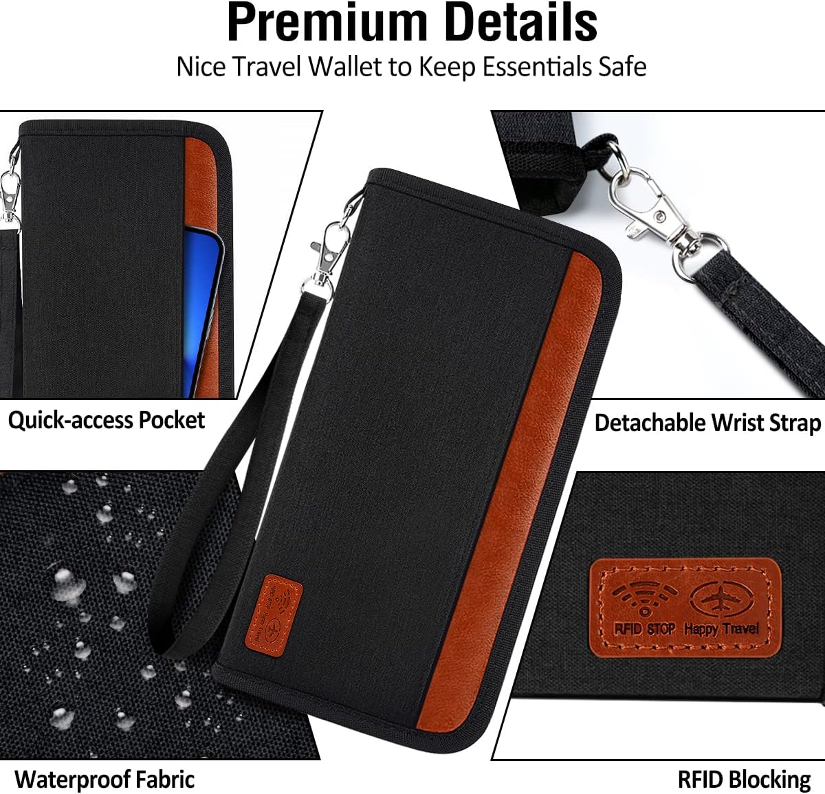 Passport RFID Wallet Documents Organizer Zipper Case With Wristlet Strap - Univercell