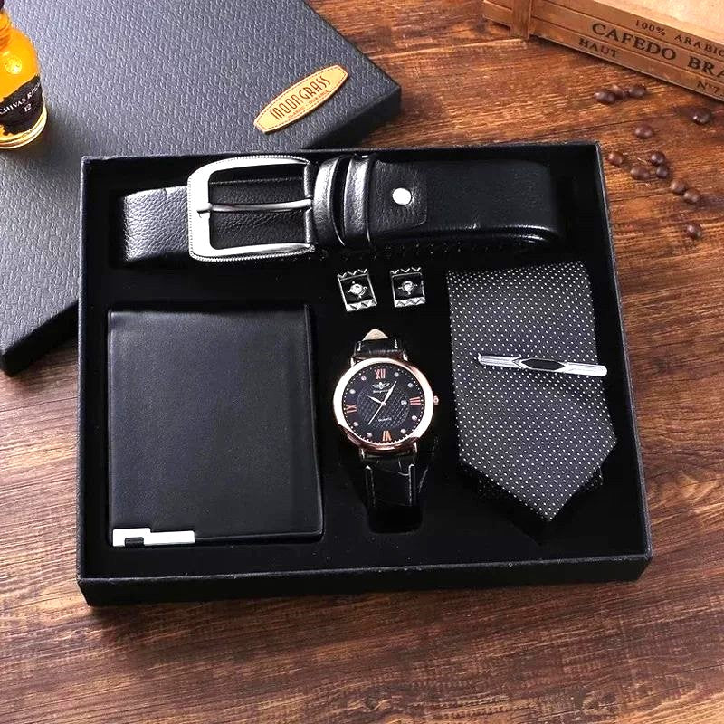 Christmas 5pc Gift Set Top Belt Quartz Watch Wallet Cufflink and Tie for Men's - Univercell