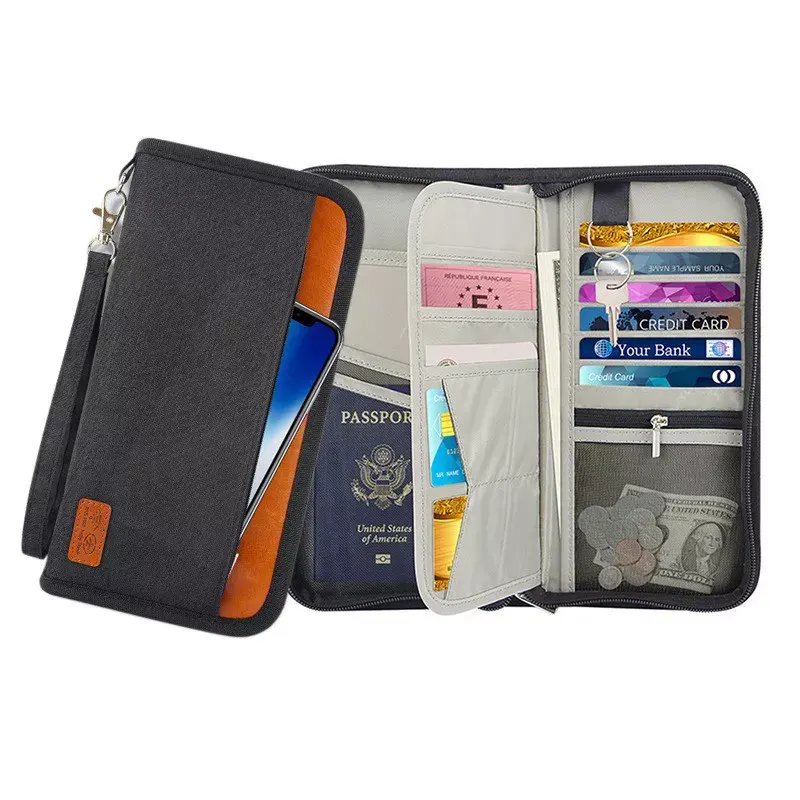 Passport RFID Wallet Documents Organizer Zipper Case With Wristlet Strap - Univercell