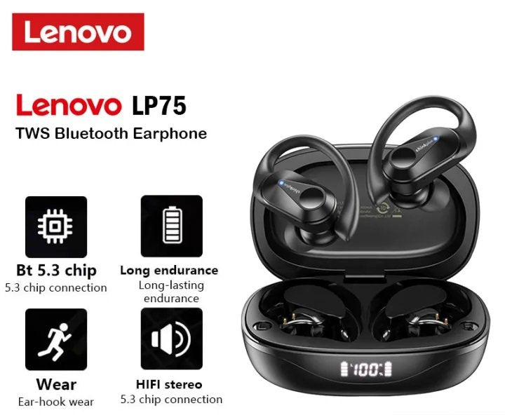 Lenovo LP75 BT5.3 True Wireless Headphones with Mic Ear-hook Sports Headset Sweatproof Earphone - Univercell