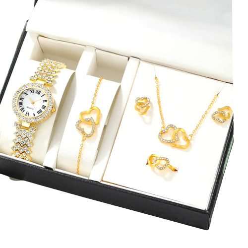 Artificial Gold Diamond 5-pc Women's Gift Set : Necklace, Bracelet, Watch, Earrings & Ring - Univercell