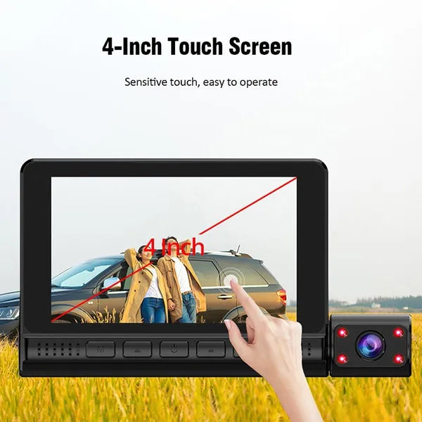 3 Lens HD Touch Control Screen Car Dash Cam, Motion Sensor Loop Recording Car DVR with Inside/rear Camera - Univercell