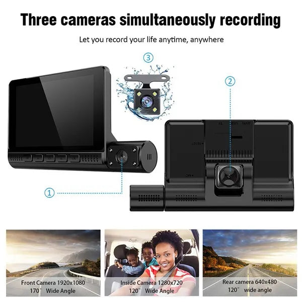 3 Lens HD Touch Control Screen Car Dash Cam, Motion Sensor Loop Recording Car DVR with Inside/rear Camera - Univercell