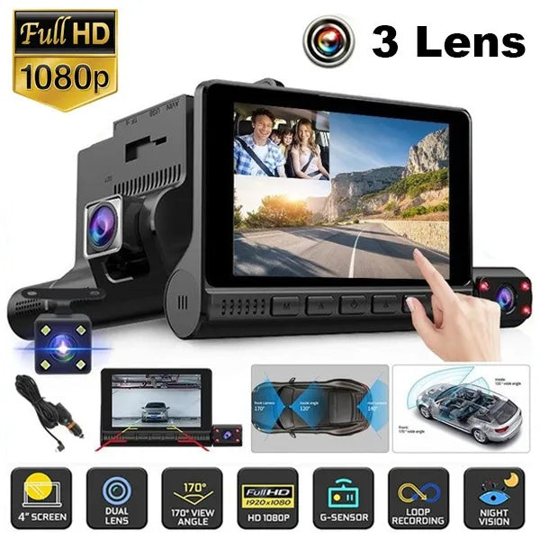 3 Lens HD Touch Control Screen Car Dash Cam, Motion Sensor Loop Recording Car DVR with Inside/rear Camera - Univercell