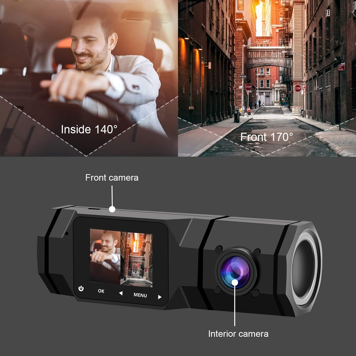 Front & Inside Dual Lens Dash Cam HD, Loop-Recording Car DVR Recorder Camera - Univercell