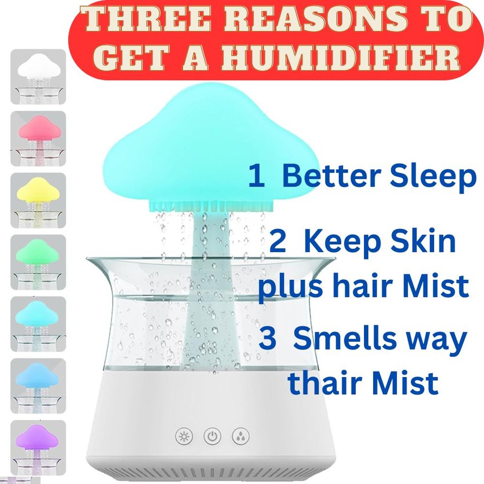 300ml Home Decor Rain Cloud Mashroom Water Drip Humidifier, 7 Color LED Night Lights with Remote