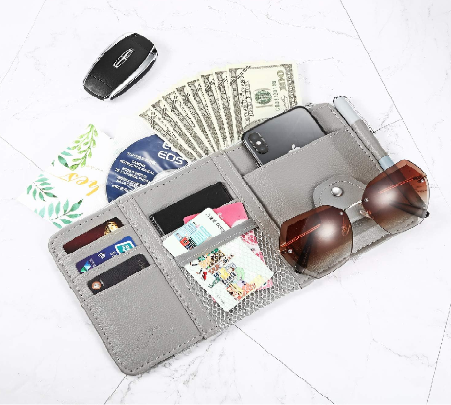 New Leather Car Sun Visor With Multi-card Holder, Storage Travel Holder with Multi Pocket - Univercell