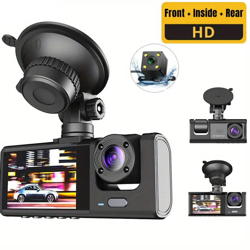 3 Channels Dash Cam For Car Camera Video Recorder FRONT, REAR & INSIDE Car DVR Dash Camera - Univercell