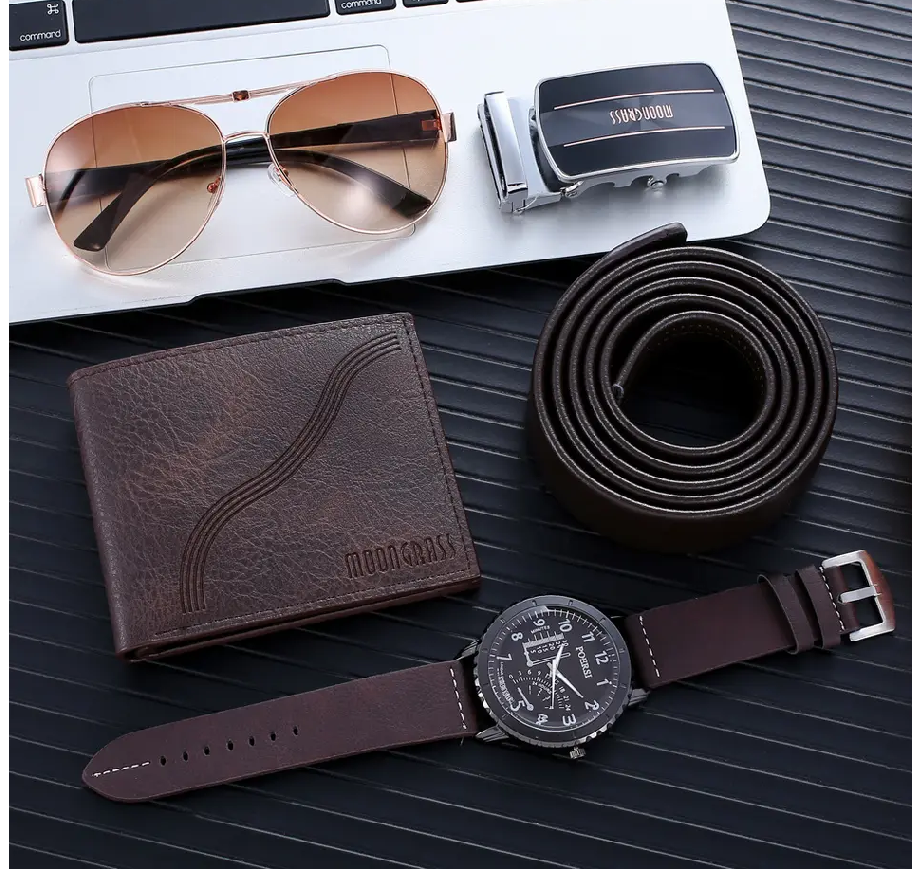 4pc Luxury Leather Gift set Watch, Glasses, Leather Belt n Wallet Set for Men's - Univercell