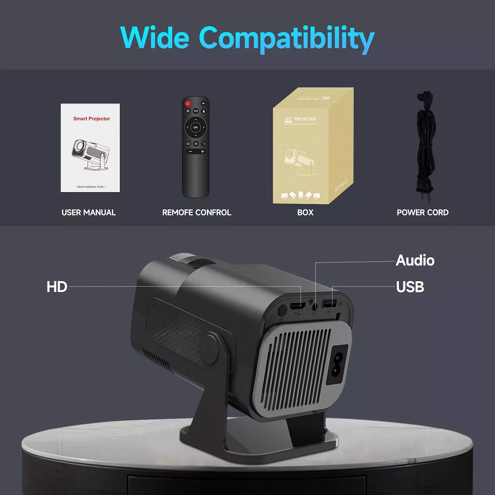 HY320 Mini 4K Portable Projector, 300ANSI Lumens, WiFi 6, Bt5.0, Screen Adjustment, 180-Rotation