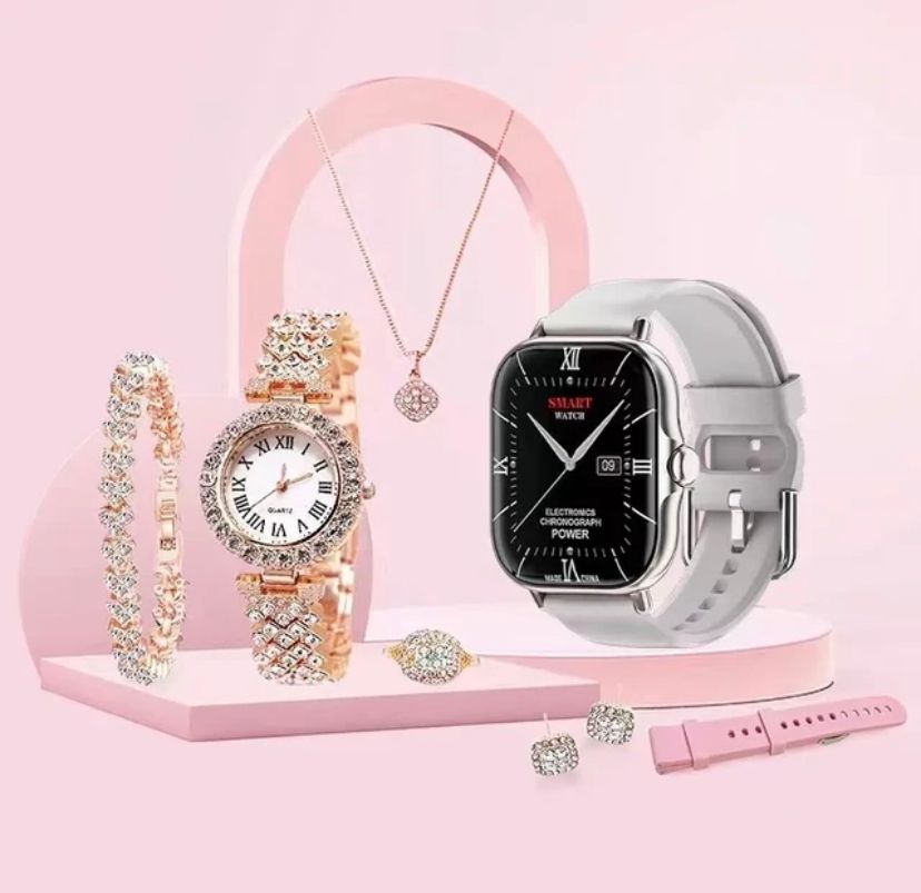 Valentines Day 6-in-1 Gift Set Artificial Gold Diamond Watch, Neckless, Earing N More - Univercell