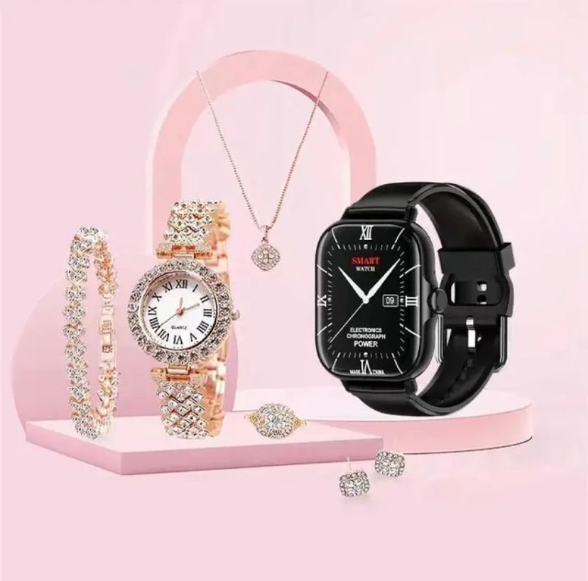 Valentines Day 6-in-1 Gift Set Artificial Gold Diamond Watch, Neckless, Earing N More - Univercell