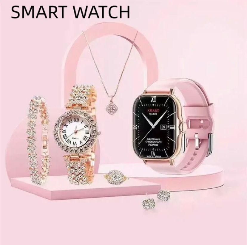 Valentines Day 6-in-1 Gift Set Artificial Gold Diamond Watch, Neckless, Earing N More - Univercell