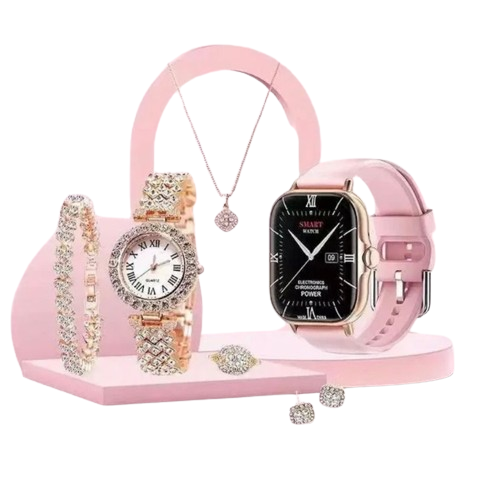 Valentines Day 6-in-1 Gift Set Artificial Gold Diamond Watch, Neckless, Earing N More - Univercell