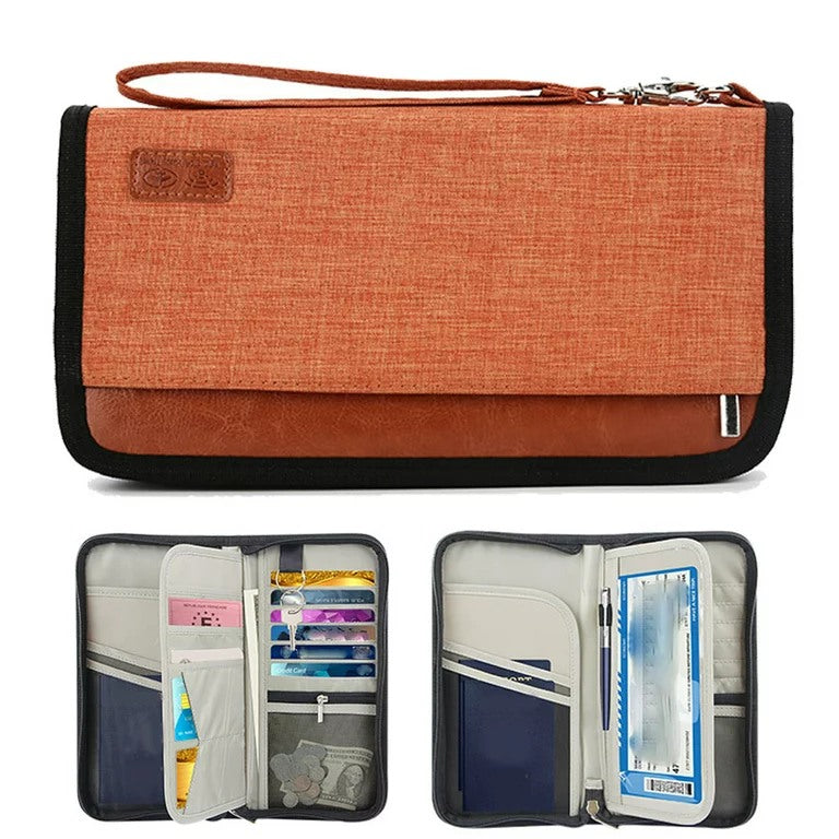 Passport RFID Wallet Documents Organizer Zipper Case With Wristlet Strap